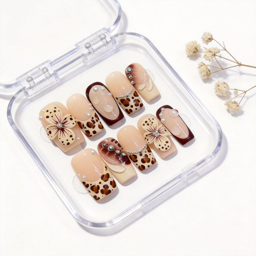 Vokupoga Medium Press on Nails Square Handmade Fake Nails French Tip False Nails with 3D Flower Pearl Designs Glossy Acrylic Nails for Women 10Pcs(Size M)