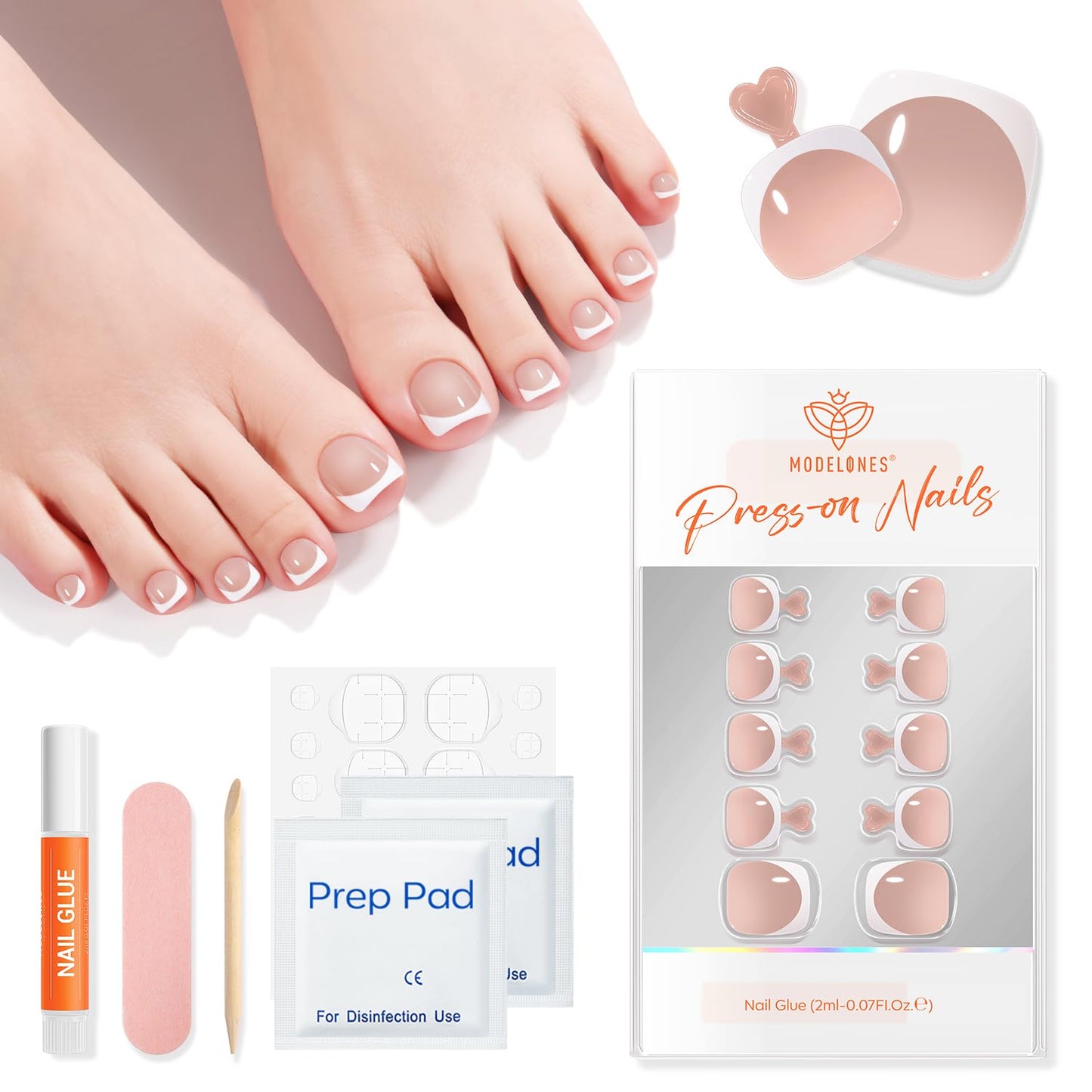 Modelones Press on Toenails Short, Bronze French Tip Toe Nails Square, Reusable Nail Kit with Nail Glue Adhesive Tabs Mini Nail File, Toe Nails 36Pcs 18Sizes, Summer Spring Women Girl Gift