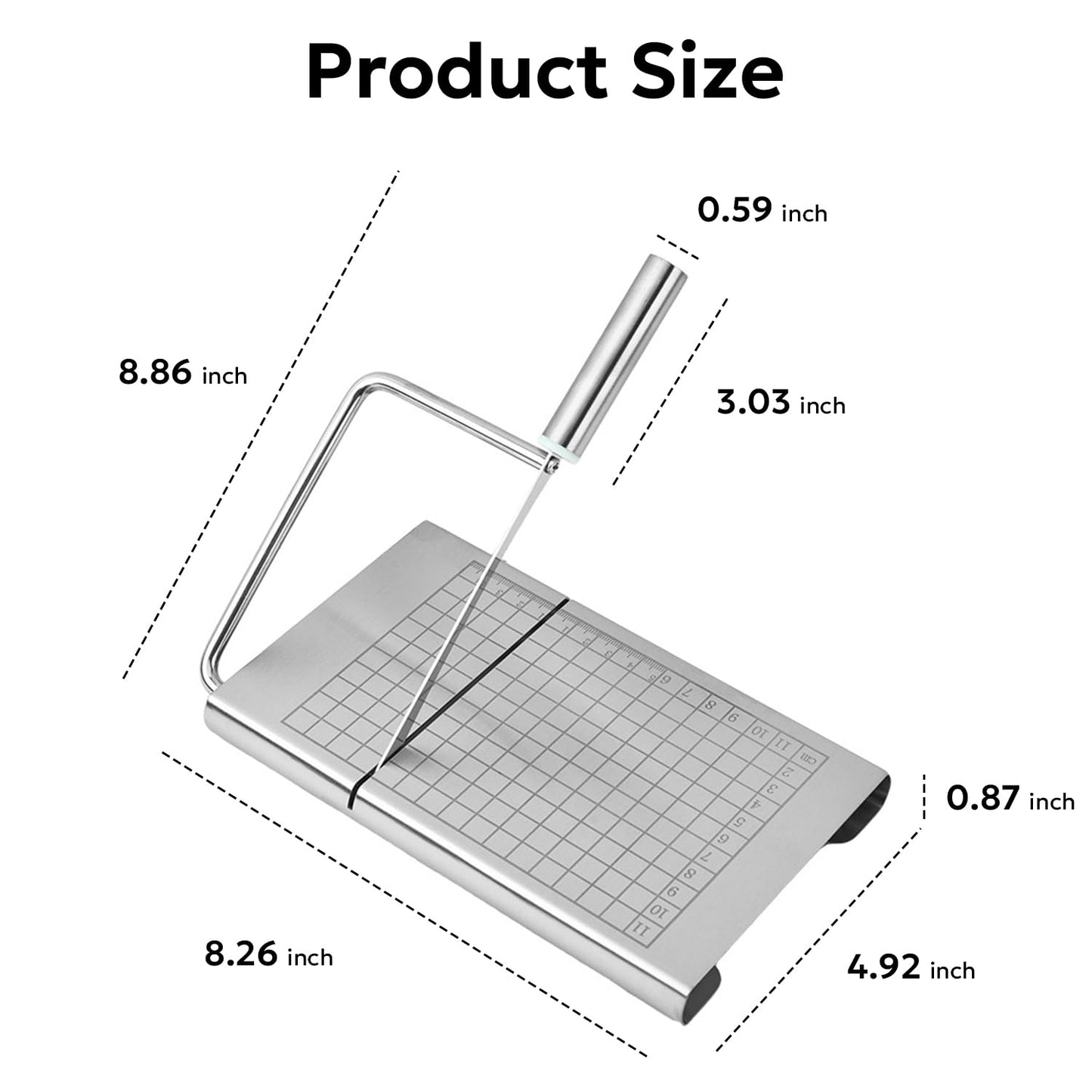 Multipurpose Stainless Steel Cheese Cutter, Bread Slicers with Precision Grid Scale and Anti Slip Base for Block Cheese, Butter, Bread, Sausages, Fruits, Kitchen Gadget Cheese Cutting Board