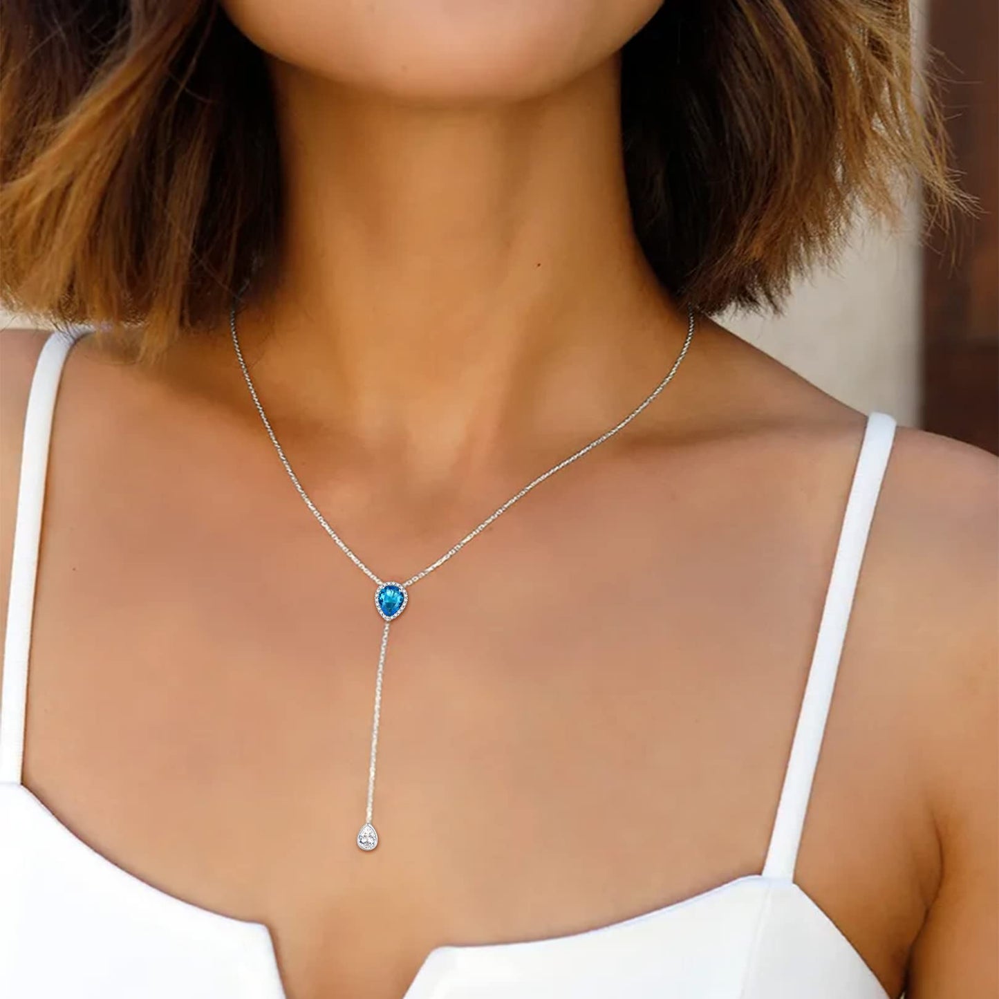 FOCALOOK 925 Sterling Silver CZ Teardrop Lariat Necklace 16"-18" Y Drop Adjustable Birthstone Necklaces Christmas Gift for Women
