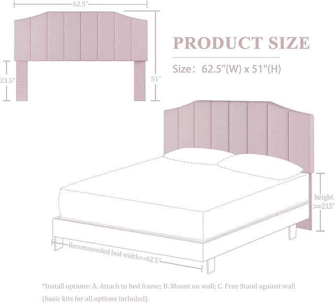 Velvet Queen Size Headboard, Upholstered Headboard Queen/Full Size Wall Mount and Bed Frame Mount, Featuring High-Density Sponge Padding Luxury Texture Easy Assembly Comfort Style-Pink
