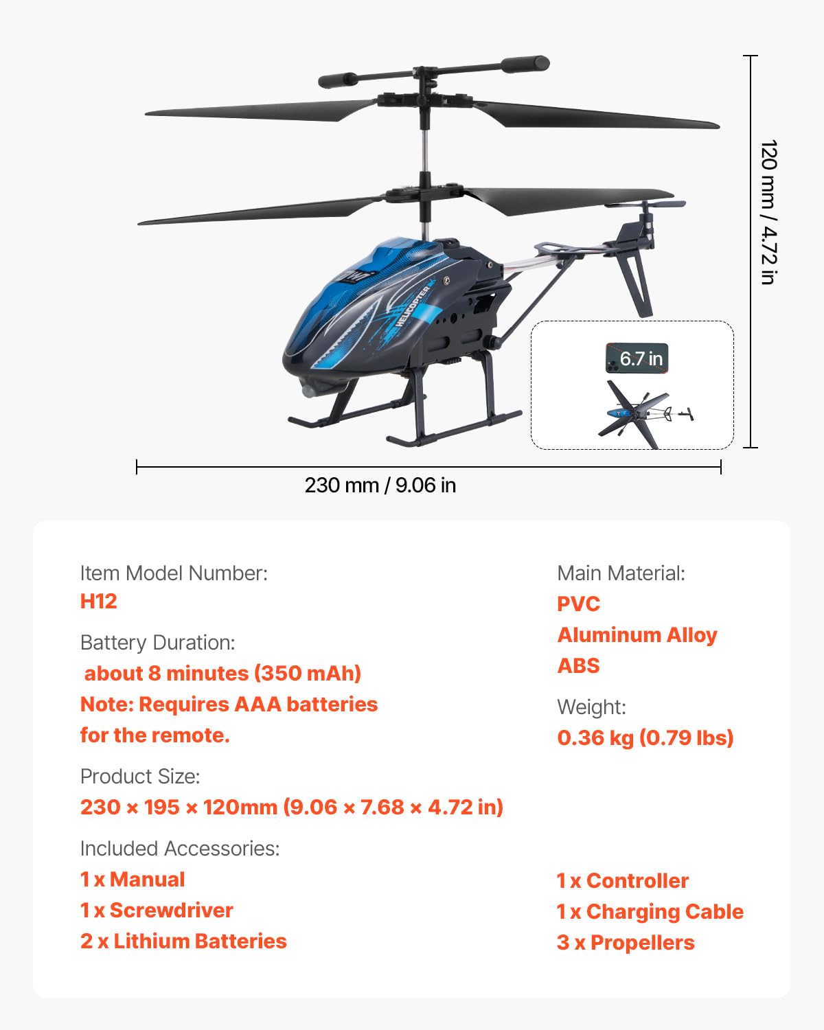 VEVOR RC Helicopter, 2.4GHz Flying Remote Control Helicopter, 3.5 Channel RC Airplane for Kid, 16 Mins Flight Time, Altitude Hold, One-Key Takeoff/Landing & LED Lights, Toys for Kids Ages 8 and up