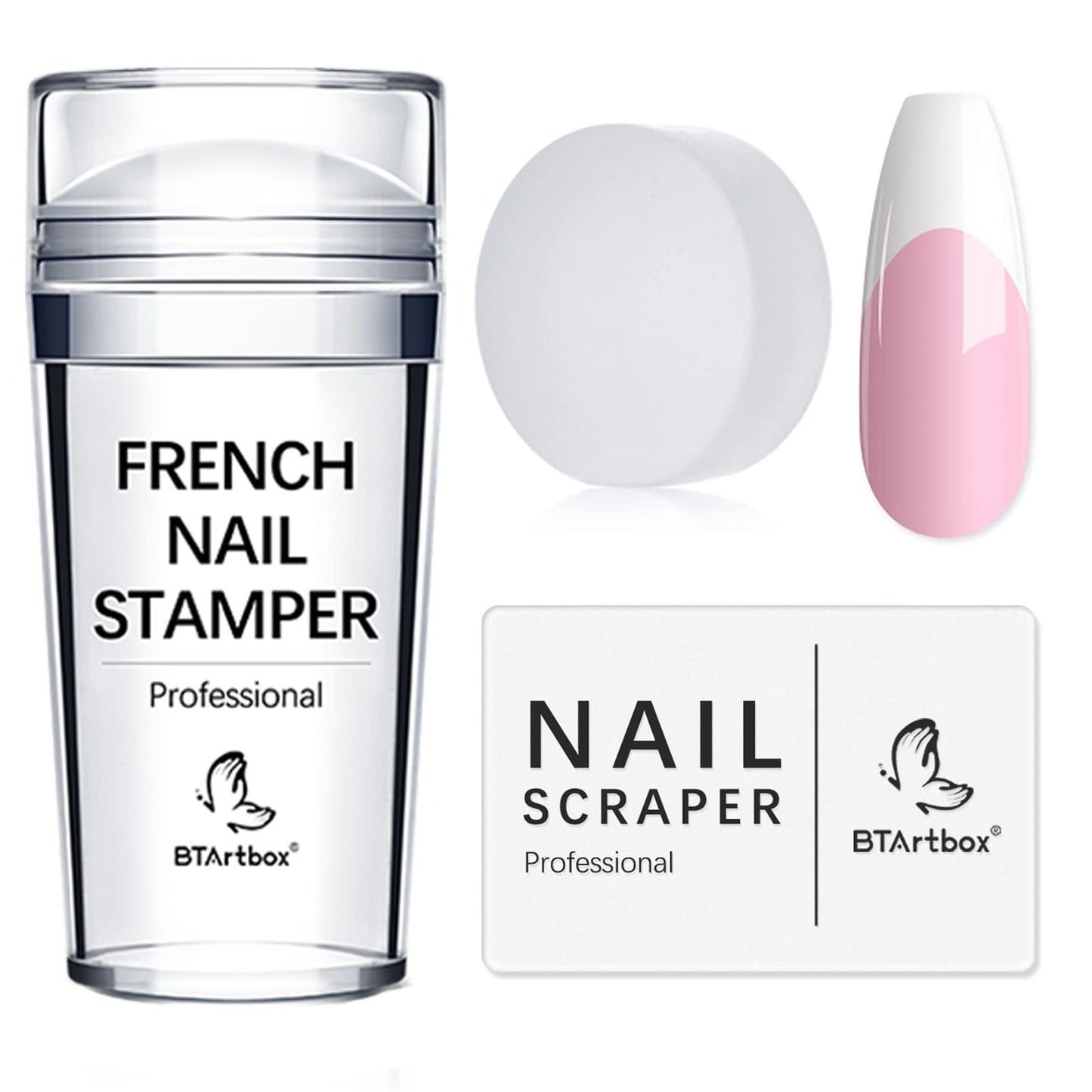 BTArtbox Press On Nails Long Square with French Nail Stamper - 150Pcs 2 in 1 X-coat Tips Pre-applied Tip Primer, One-Step Square Gel Nail Tips Fake Nails 15 Sizes for Nail Extensions