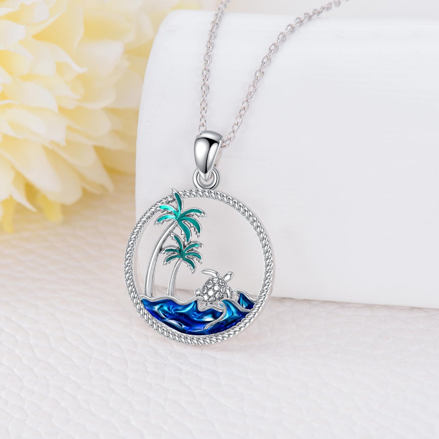 PROESS Sea Turtle Necklace Sterling Silver Palm Tree Pendant Necklace Ocean Wave Jewelry For Women Turtle Lovers