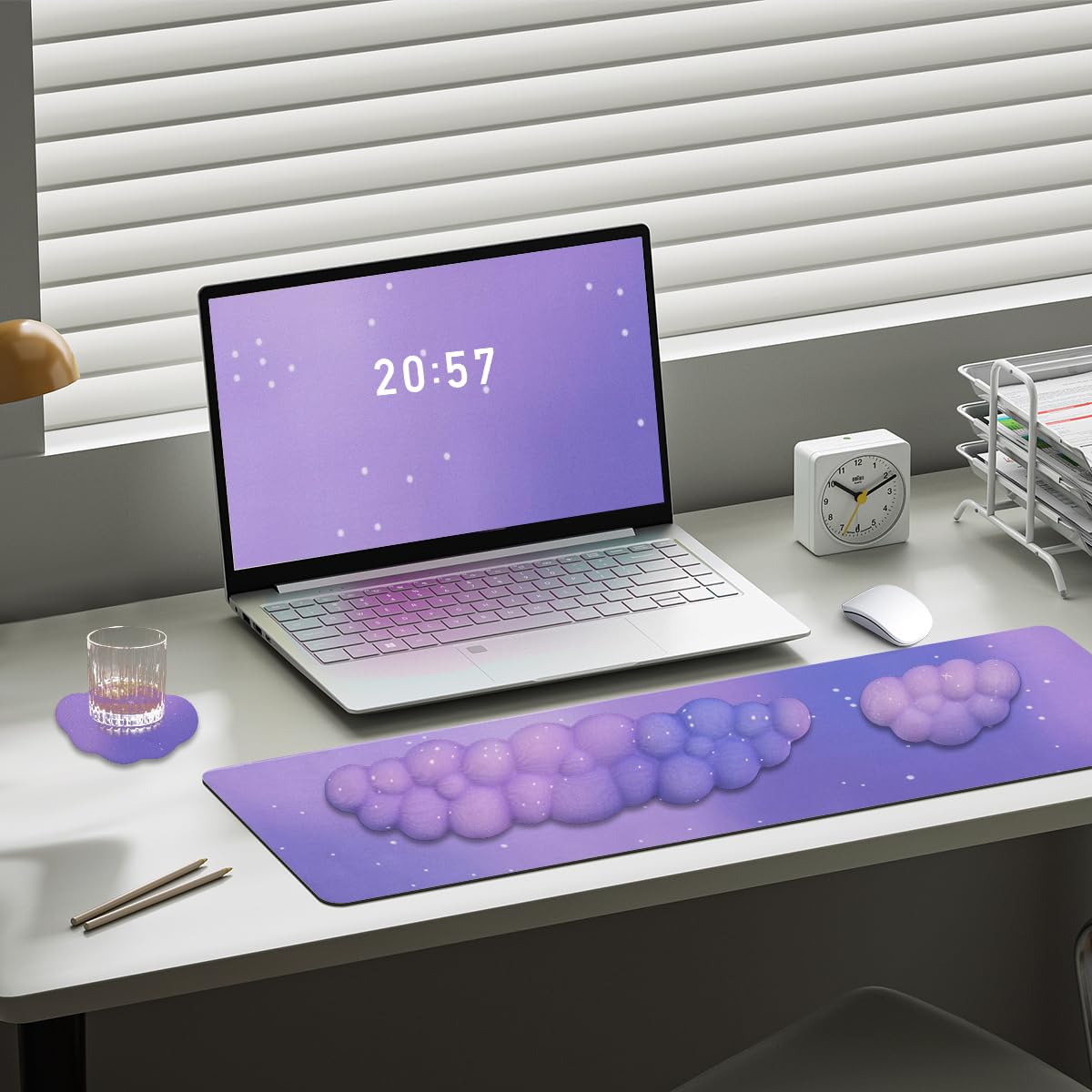 Gaming Desk Mat with Keyboard Wrist Rest Set, 4 in 1 Large Mouse Pad & Cloud Keyboard Wrist Rest& Mouse Wrist Rest&Coaster, Comfort and Support for Typing and Gaming(Purple Starry Night)