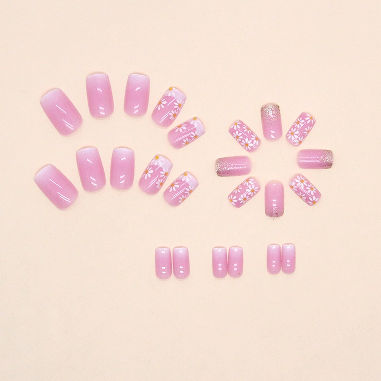 White Flower French Tip Press on Nails Square Medium Length Fake Nails Pink Gradient False Nails with Glitter Design Glossy Full Cover Artificial Nails Reusable Stick on Nails Glue on Nails for Women