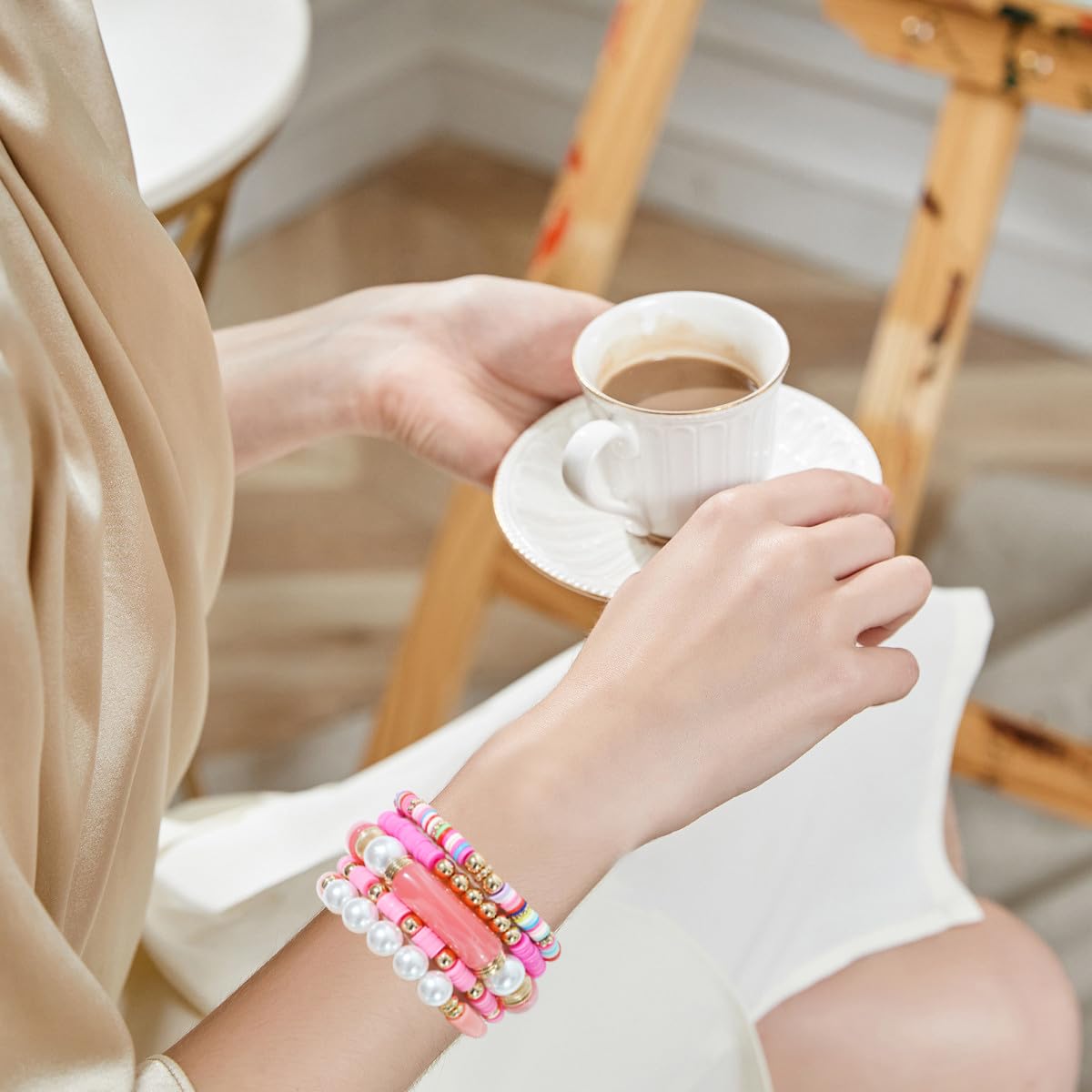 GOOJIDS Simple Beaded Gold Plated Bangles Bracelet Chunky Bamboo Tube Curved Stacking Clear Acrylic Colorful Beads Stretchable Gold Platd Bracelets Set For Women