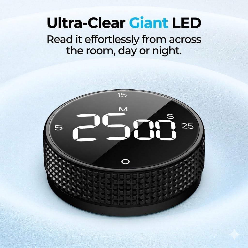 Allbean Magnetic Kitchen Timer for Cooking with Loud Alarm - Large LED Display Rotating Countdown Pomodoro Timer, Preset 5/15/25 Mins Easy for Seniors and Kids，for Baking Grilling Studying