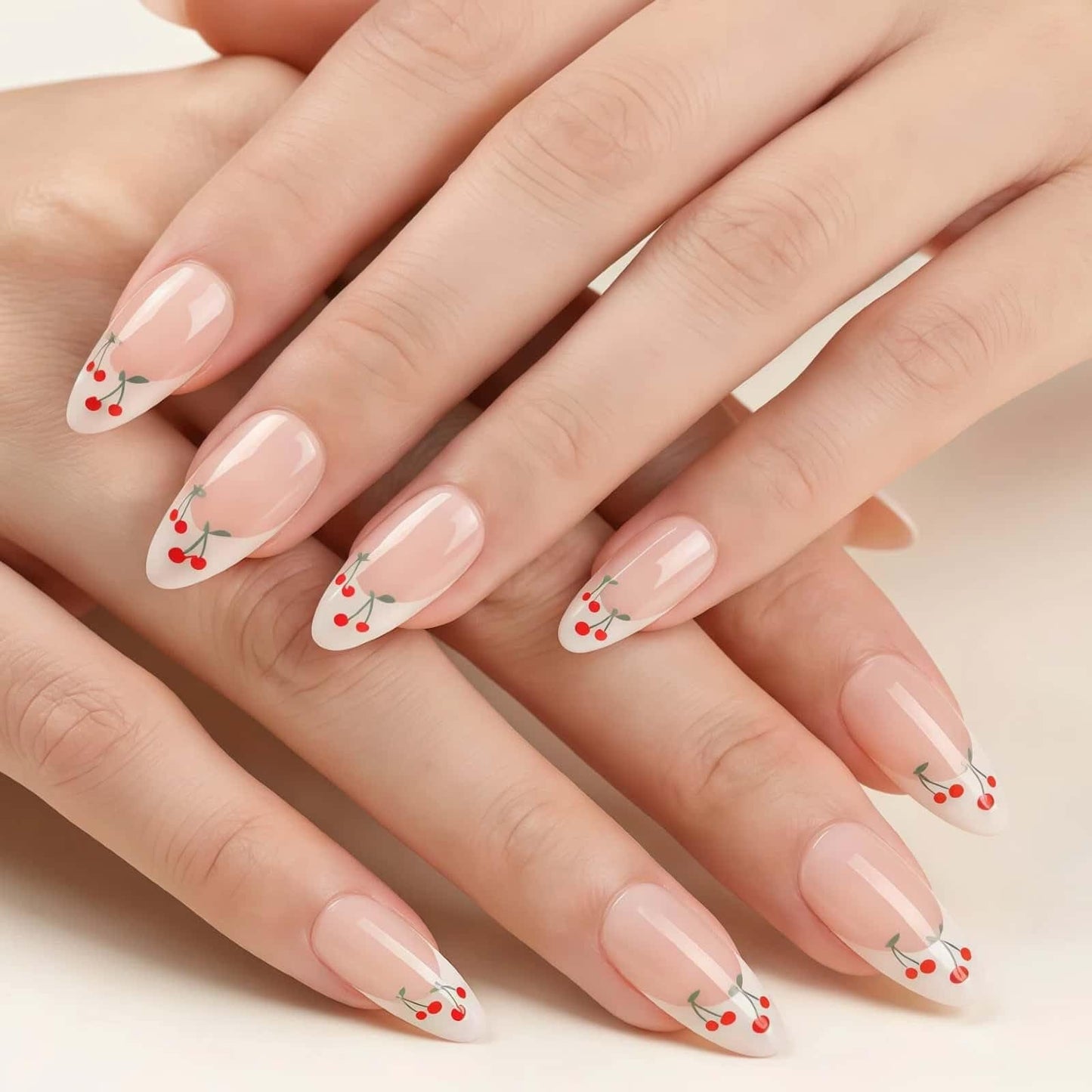 White French Tip Press on Nails Short Almond Fake Nails Cute Nude Pink with Red Cherry Glossy Acrylic Nails Full Cover Glue on Nails Reusable Artificial Stick on Nails for Women 24 Pcs