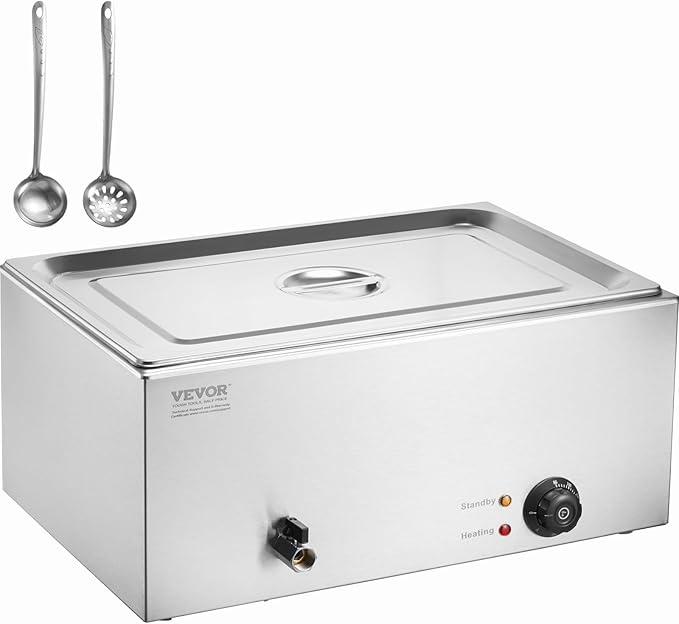 VEVOR Commercial Food Warmer, 1 Pan Electric Steam Table, 1200W Professional Countertop Stainless Steel Buffet Bain Marie with 86-185°F Temp Control for Catering and Restaurants, Silver