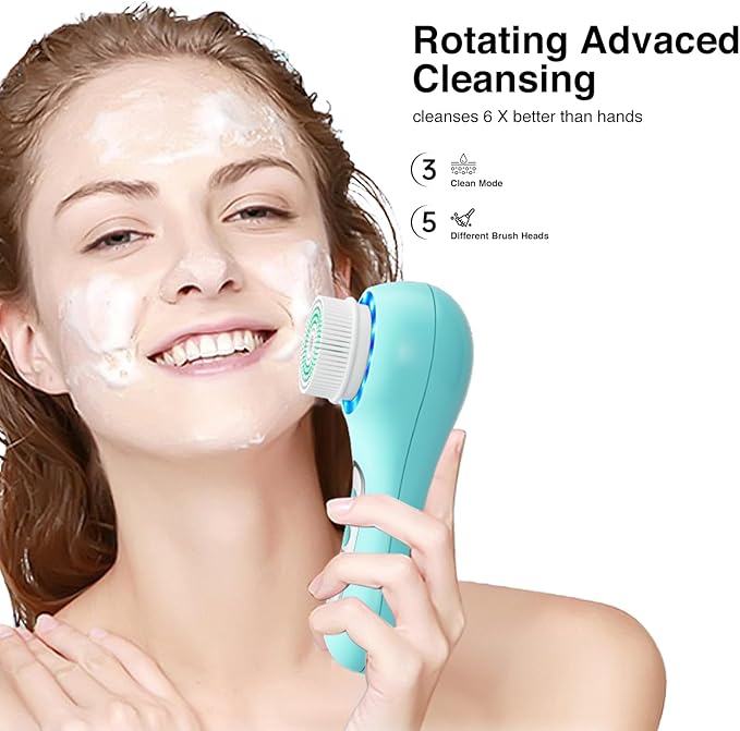 Face Scrubber Exfoliator,Facial Cleansing Brushes Rechargeable IPX7 Waterproof with 5 Brush Heads,Electric Face Spin Brush for Exfoliating, Massaging and Deep Cleansing (Blue+White)