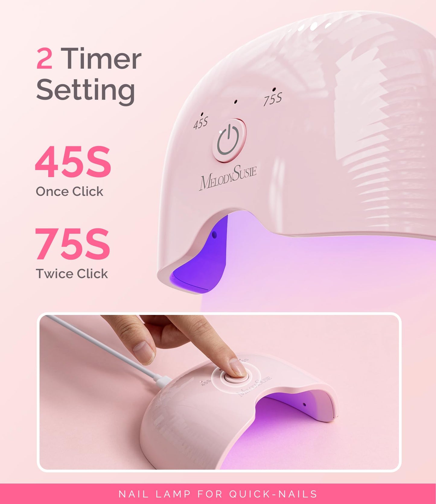 MelodySusie Mini LED UV Nail Lamp with Lightweight Design, P-ART06F Nail Dryer with Simple Button Control Cures All Soft Gels at Home, Especially Half-Cured Gel, Base Coat & Top Coat Pink