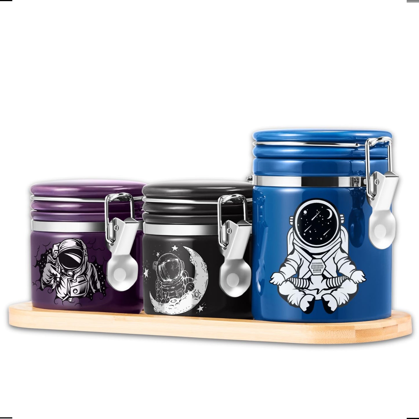 Astronaut Smell Proof Jar Bundle - 3 Pack (1L+2S), Pottery Smell Proof Container with Bamboo Holder Kit, Versatile Airtight Storage Set Cute Spaceman Gifts for Connoisseur - Blue Black Purple