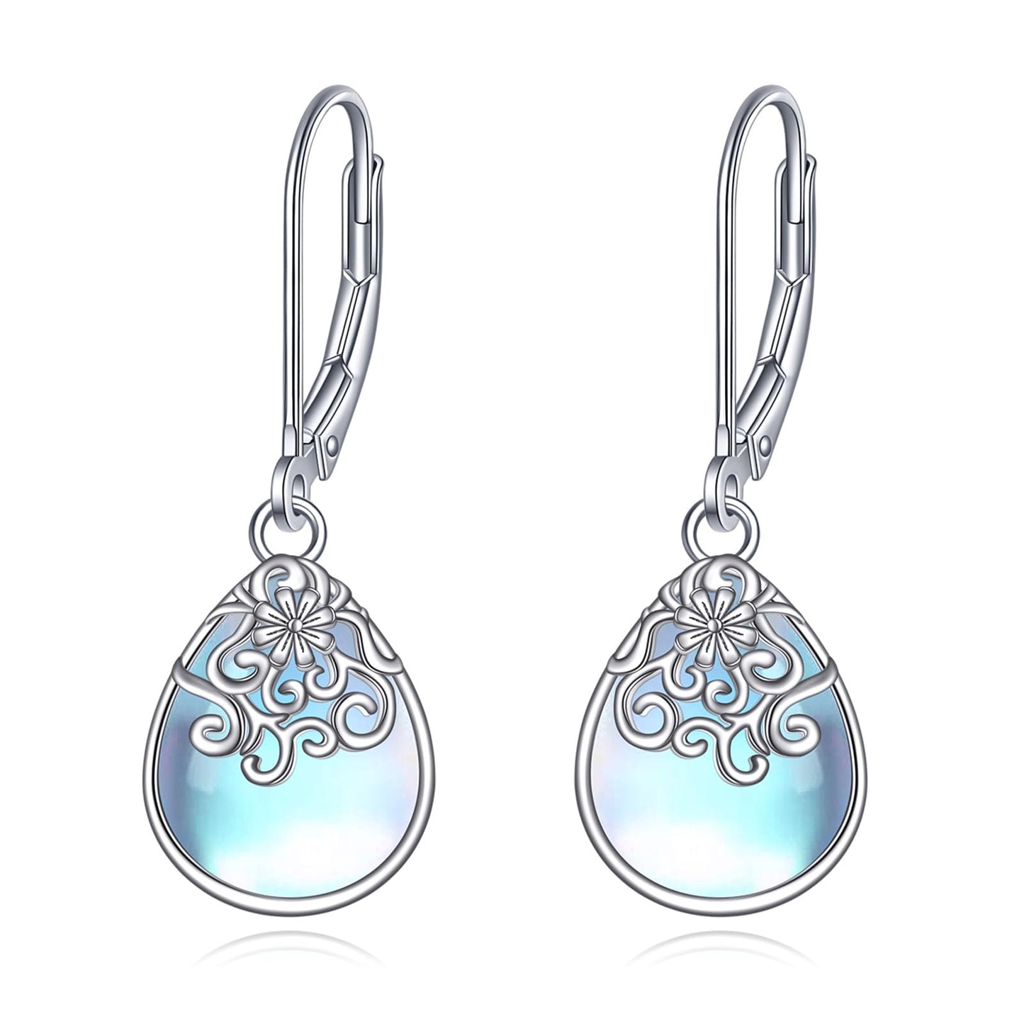 POPLYKE Moonstone Filigree Flower Teardrop Drop Dangle Earrings Sterling Silver Leverback Earrings Jewelry for Women