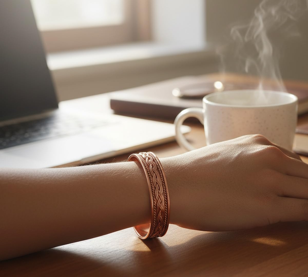 Touchstone Copper magnetic bracelet Tibetan style. Hand forged with solid and high gauge pure copper. Elegant braid pattern.