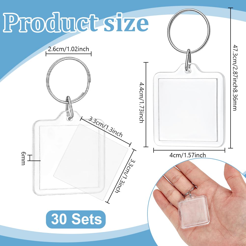 PH PandaHall Blank Photo Insert Keychains, 30 Sets Acrylic Photo Snap in Keychain 1.3 Inch Square Custom Blank Photo Keyring DIY Picture Frames for Double-Sided Photos, Clear