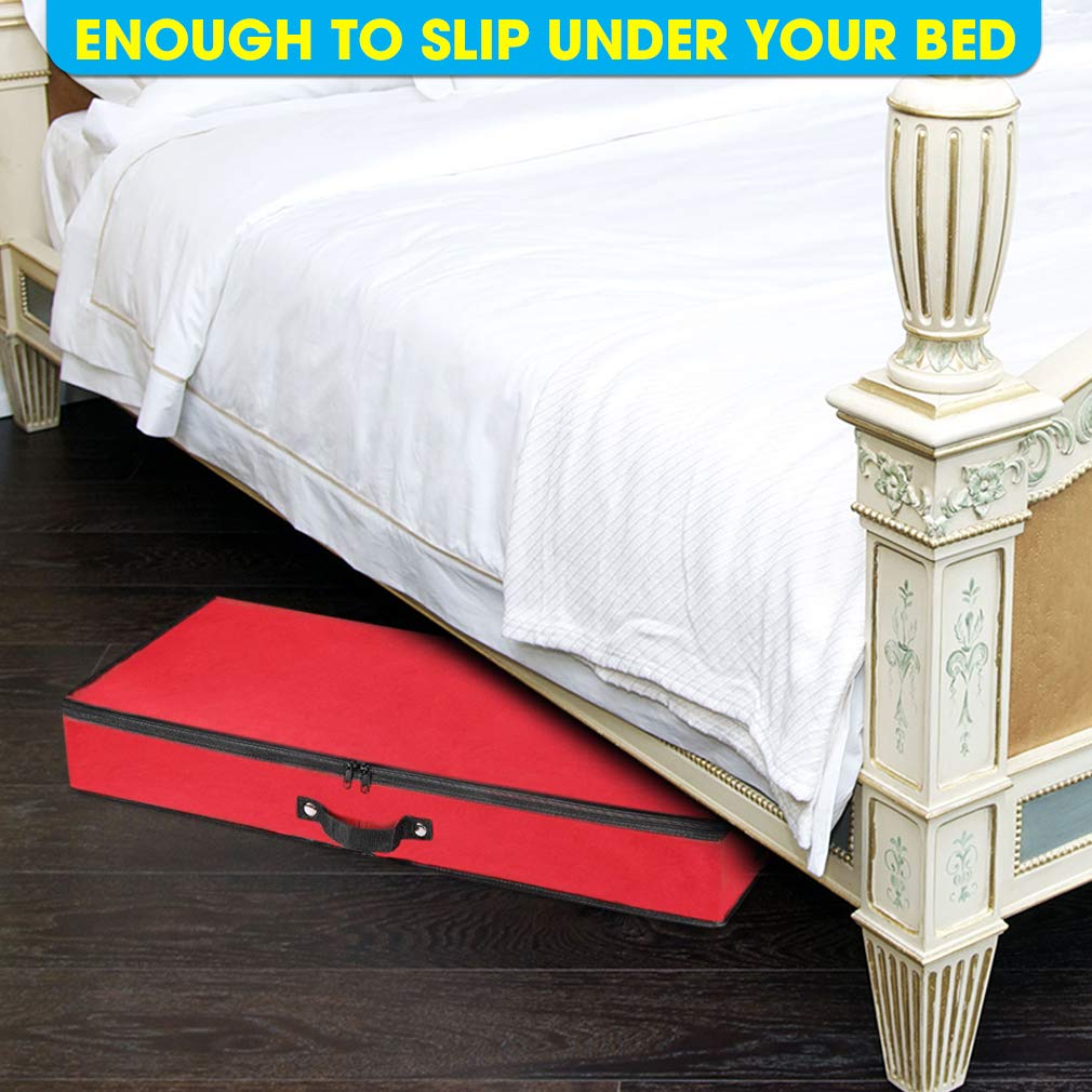 Primode Wrapping Paper Storage Container | Under Bed Gift Wrap Organizer for 30 Inch Rolls | 31”x13.5”x4.5” | 600D Oxford Material | Box Holder with Pockets for Ribbon, Bows, and Accessories (Red)