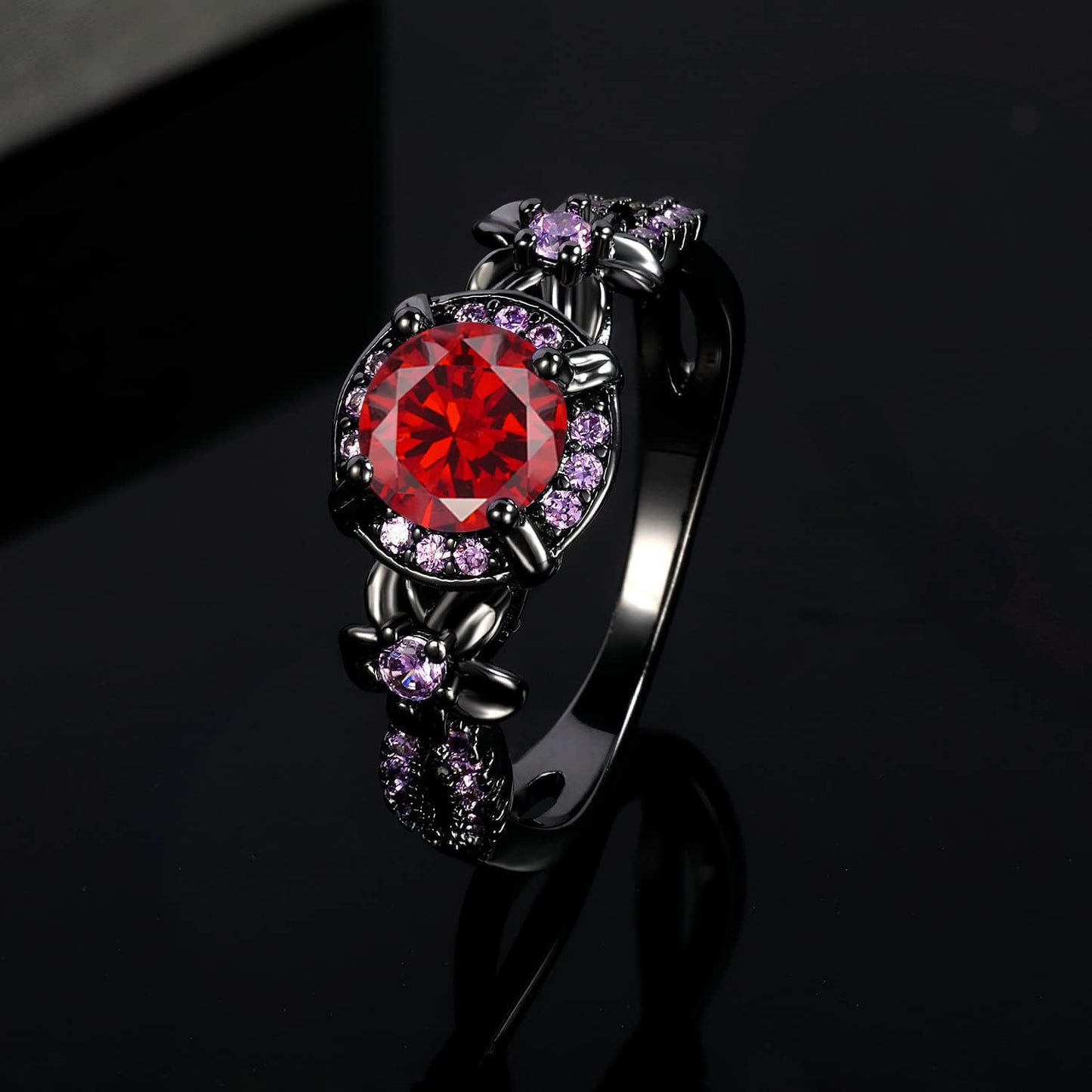 Vintage Black Gold Plated Ring with Created Garnet Gemstone, Purple CZ Accents, Wedding Engagement Band, Sizes 5-10 (9)