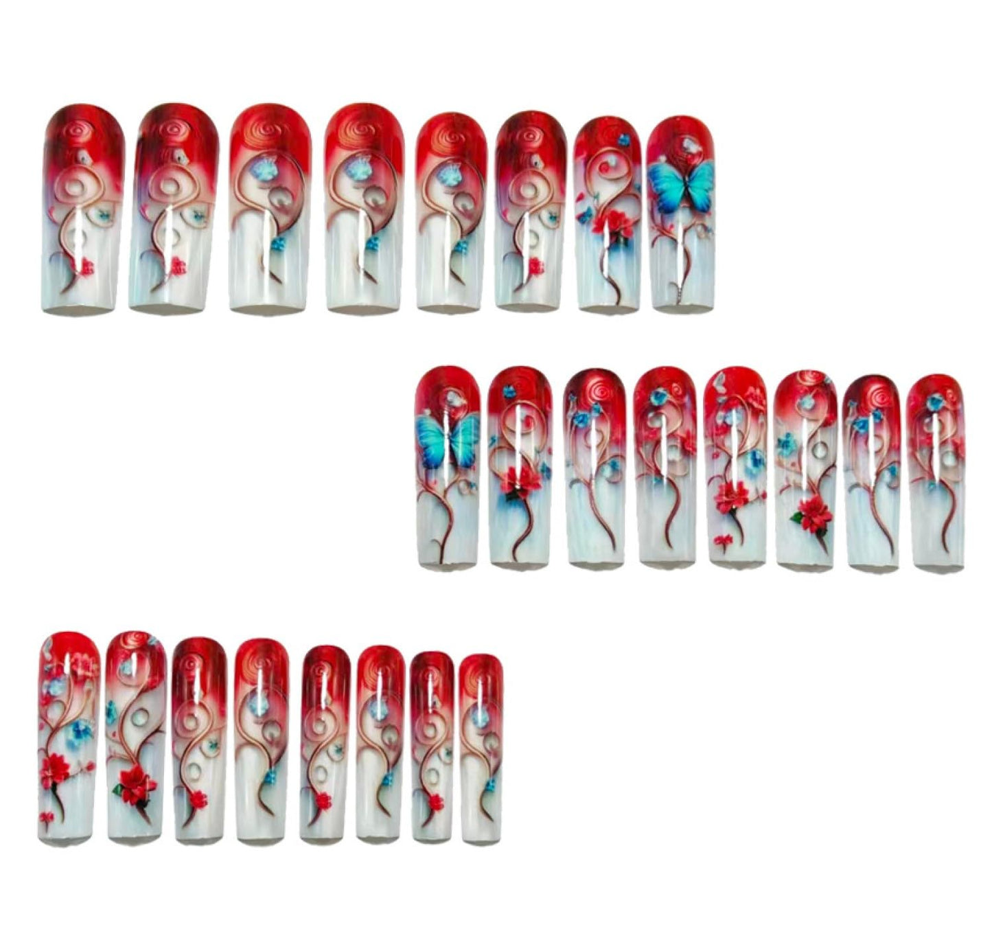 Chunmeng Blue Butterfly Gradient Press on Nails, Long Butterfly Wing False Nails with 3D Glossy Design - Full Cover Artificial Nails for Women
