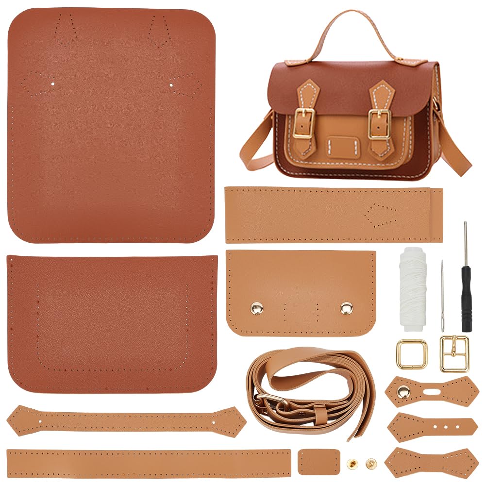 WADORN DIY Crossbody Bag Making Kits, PU Leather Shoulder Bag Sewing Set with Instruction Handmade Satchel Handbag Making Kit Purse Sewing Kit for Women Handicraft Gift, 9.8x3.5x6.7 Inch(Brown+Khaki)