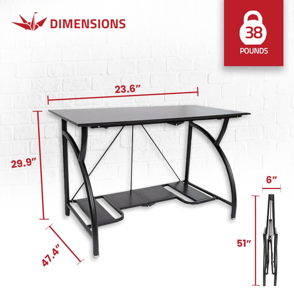 Origami Folding Computer Desk for Office Study Students Bedroom Home Gaming and Craft | Space Saving Foldable Design, Fits Dual Monitors and Laptop, Collapsible, No Assembly Required | Black, Large (RDE-01)