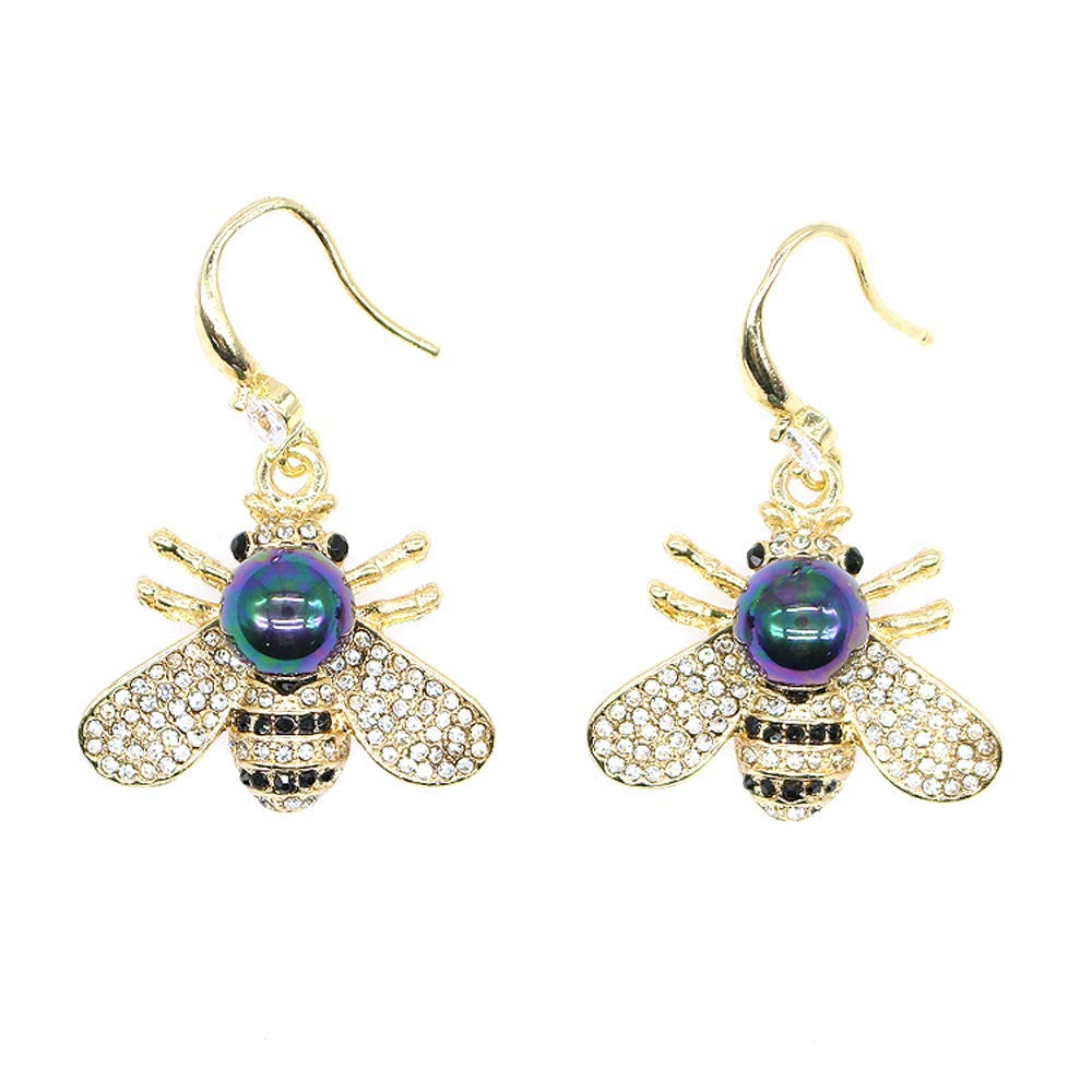 Honey Bee Drop Earrings Crystal Insect Themed Dangle Earring Animal Fashion Shell Pearl Hook Earring Gold Tone for Women Jewelry (Multicolored black pearl earring)