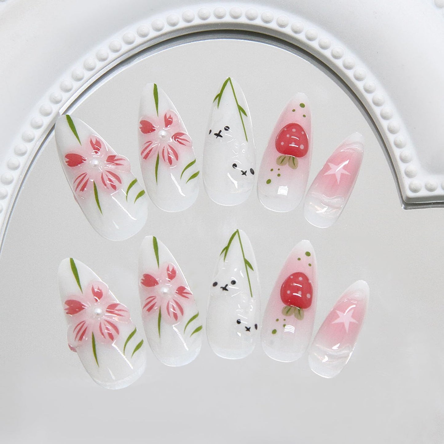 CJDLTS Flower Press on Nails Medium Almond Shaped 3D Cute Floral Blush Strawberry with Glossy Rabbit Pearl Stick on Nails Full Cover Artificial Acrylic Fingernails Glue on Nail for Women Manicure