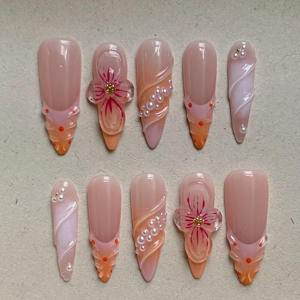 MAGLFELL Handmade Acrylic Long Almond Press On Nails, 3D Art Desigen False Nails for Women, Reusable ABS Material Fake Nails, 10 Pcs Almond Stick On Nails, DIY Nail Art At Home (Size M)