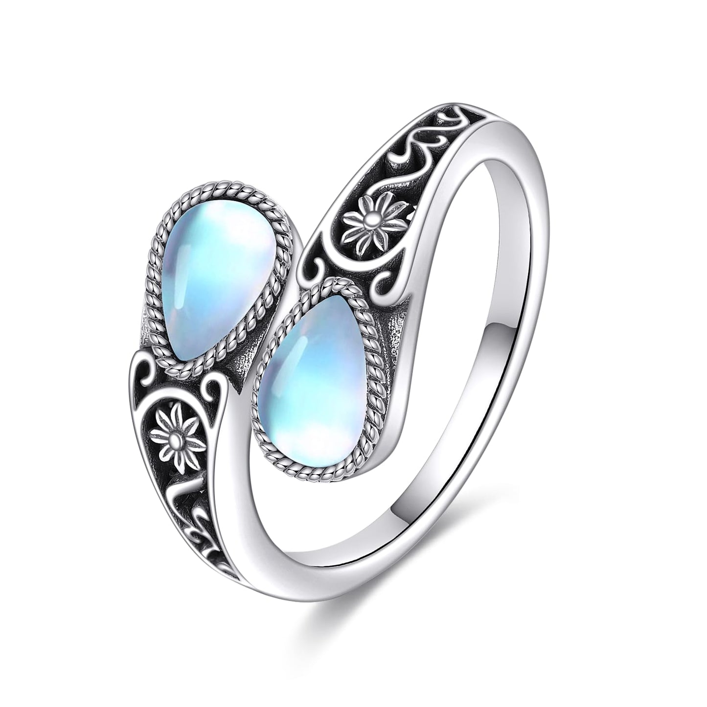 POPLYKE Sterling Silver Moonstone Filigree Spoon Ring Vintage Thumb Rings Boho Adjustable Open Ring Statement Jewelry Gifts for Women