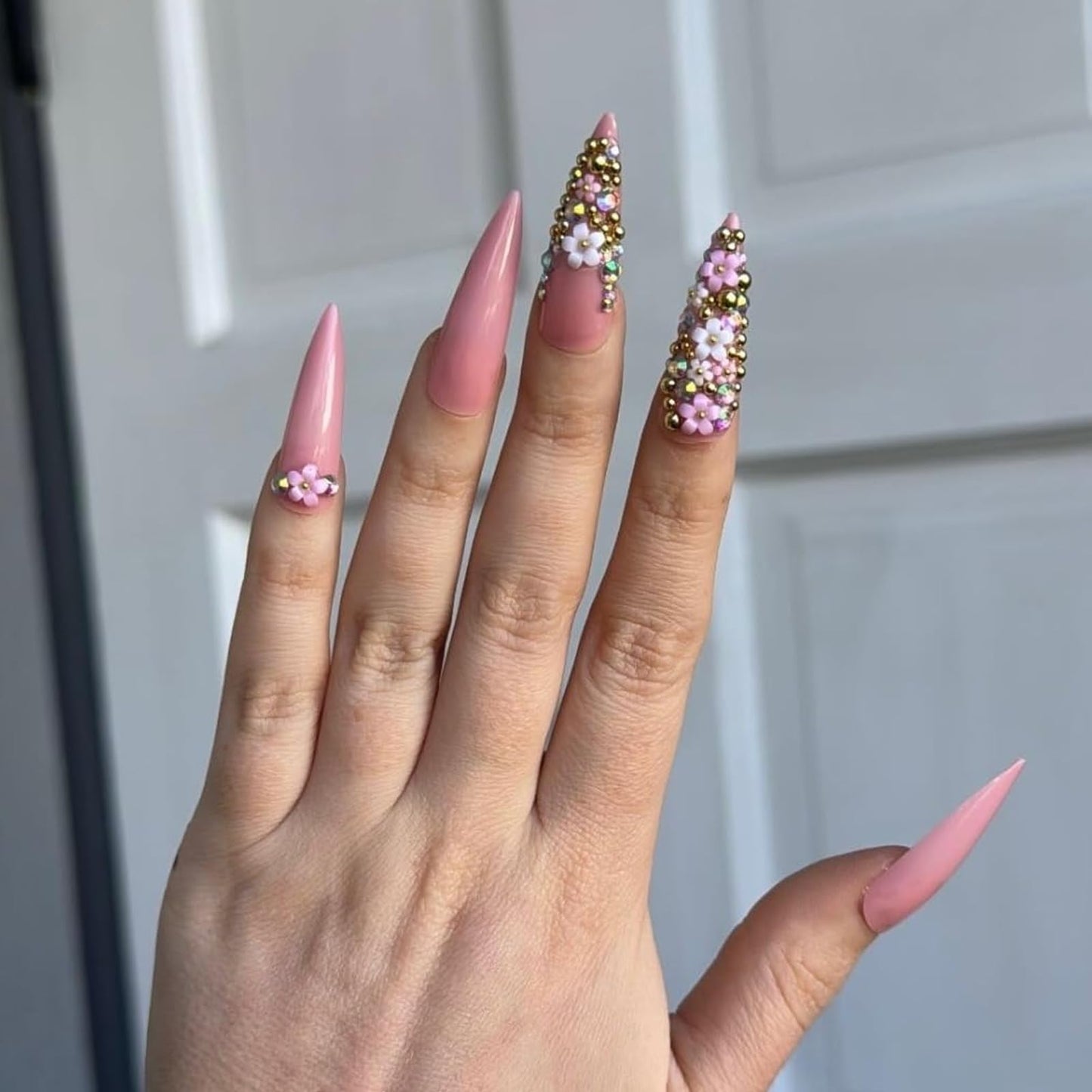 IMRAIN Long Press on Nails Stiletto Pink Fake Nails Rhinestone & Flower Designs Glossy Glue on Acrylic Nails Full Cover Luxury Bling Handmade Stick on False Nails for Women 24Pcs