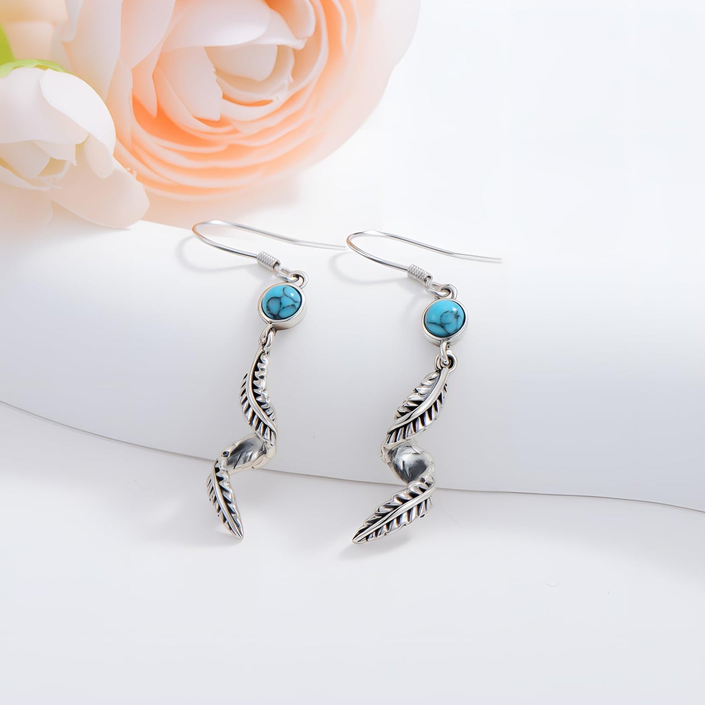 KoyeKei Feather Dangle Drop Earrings for Women 925 Sterling Silver Feather Turquoise Vintage Dangling Earrings Western Country Jewelry Boho Gifts