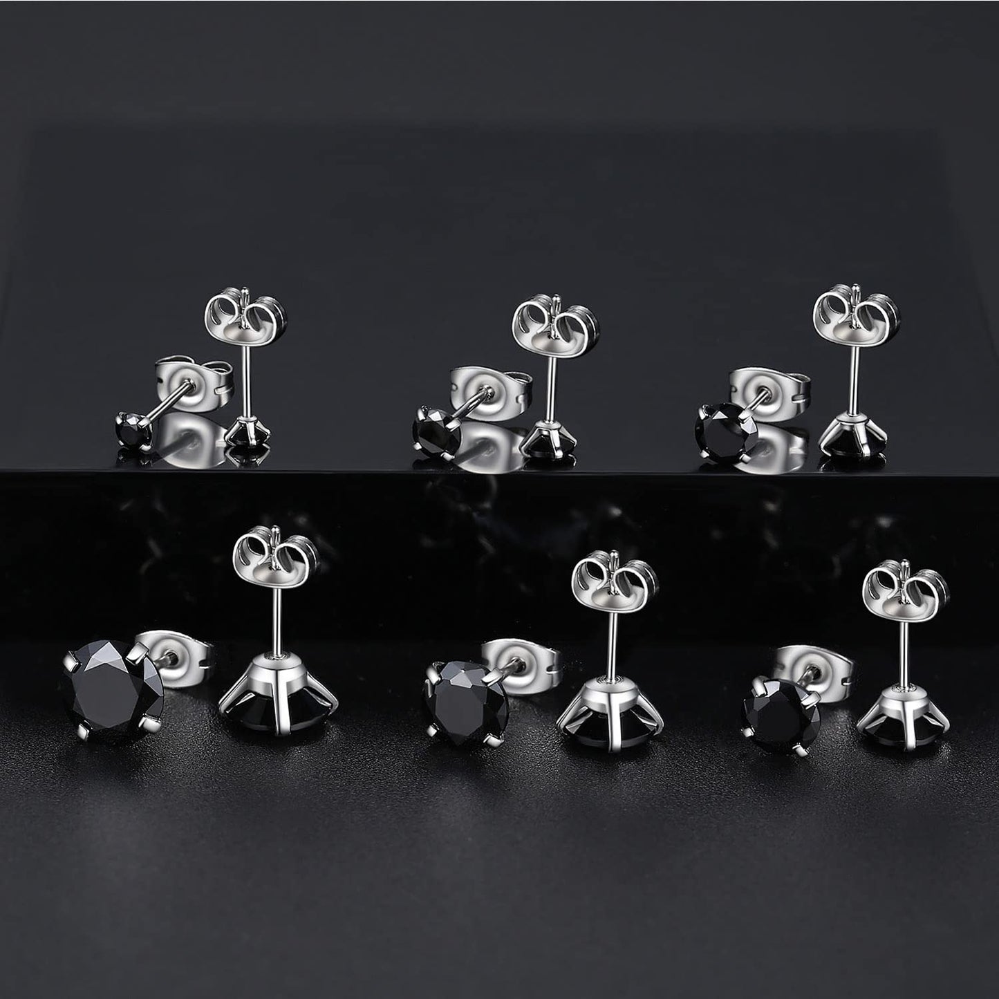 6 Pairs Stud Earrings Set, Hypoallergenic Cubic Zirconia Earrings 316L Stainless Steel CZ Earrings 3-8mm (Black CZ)