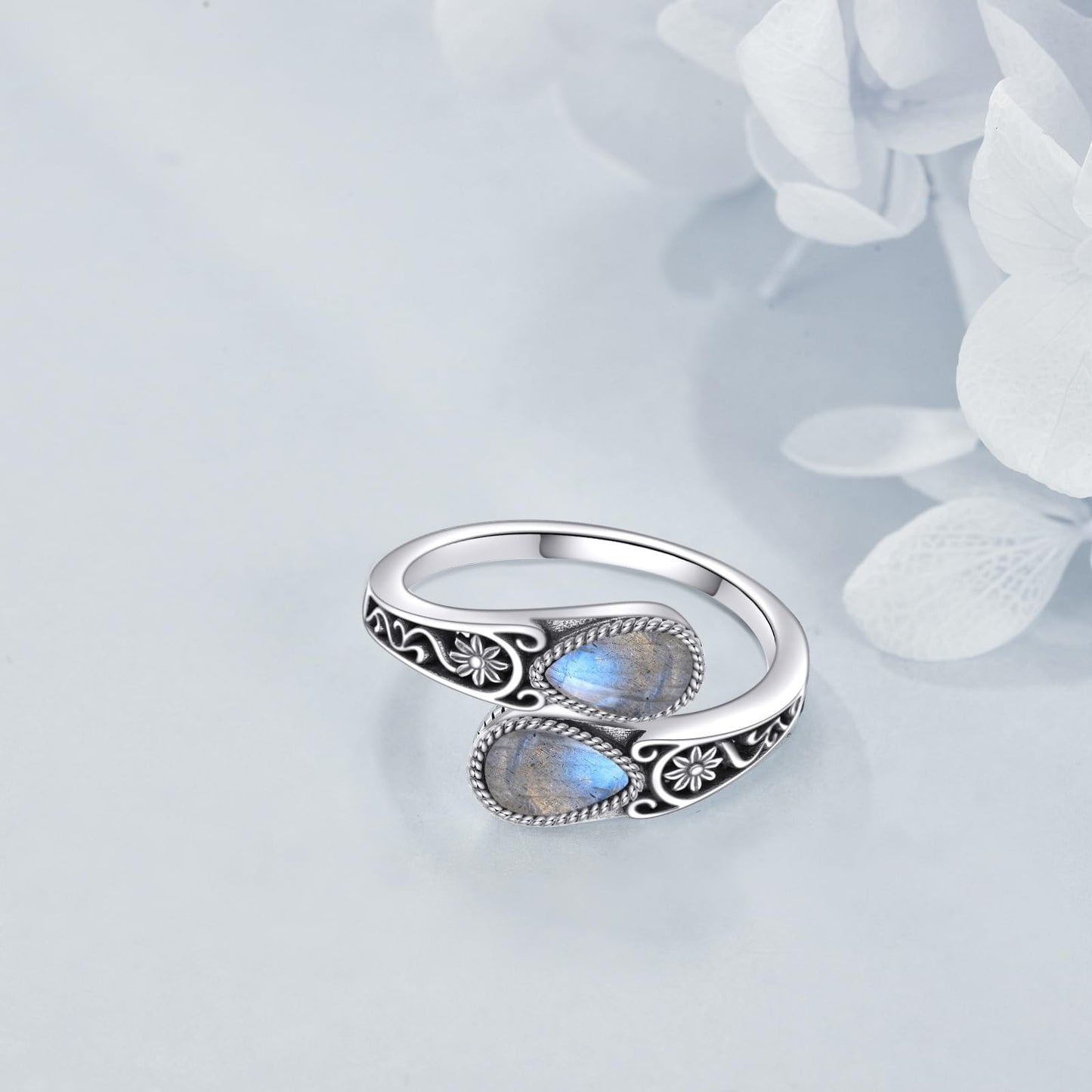 POPLYKE Sterling Silver Labradorite Filigree Spoon Ring Vintage Thumb Rings Boho Adjustable Open Ring Statement Jewelry Gifts for Women