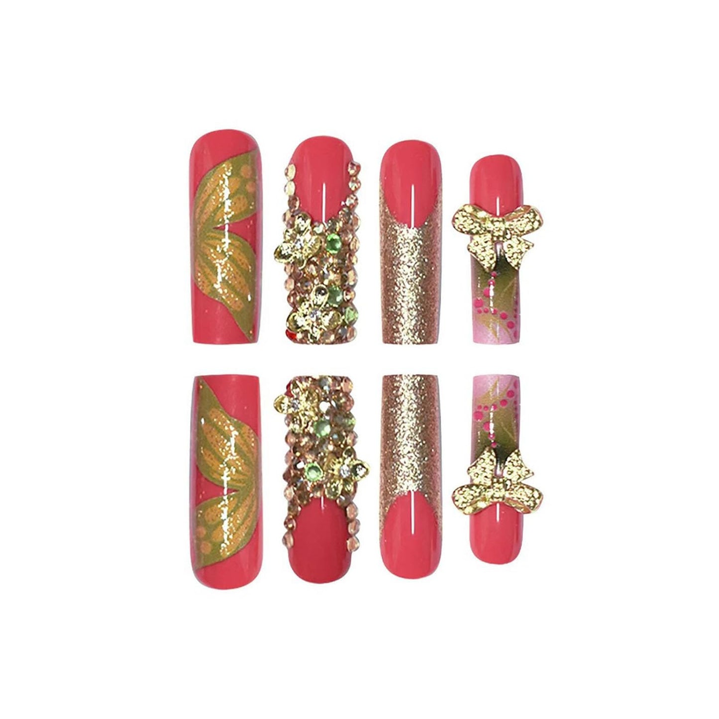 FIEONCIY Press on Nails Coffin Long Length Acrylic Glossy Full Cover Square Shaped French False Nails with Designs Artificial Extra Long Fake Nails with Charms Glue ons Fingernails for Women(AA125)