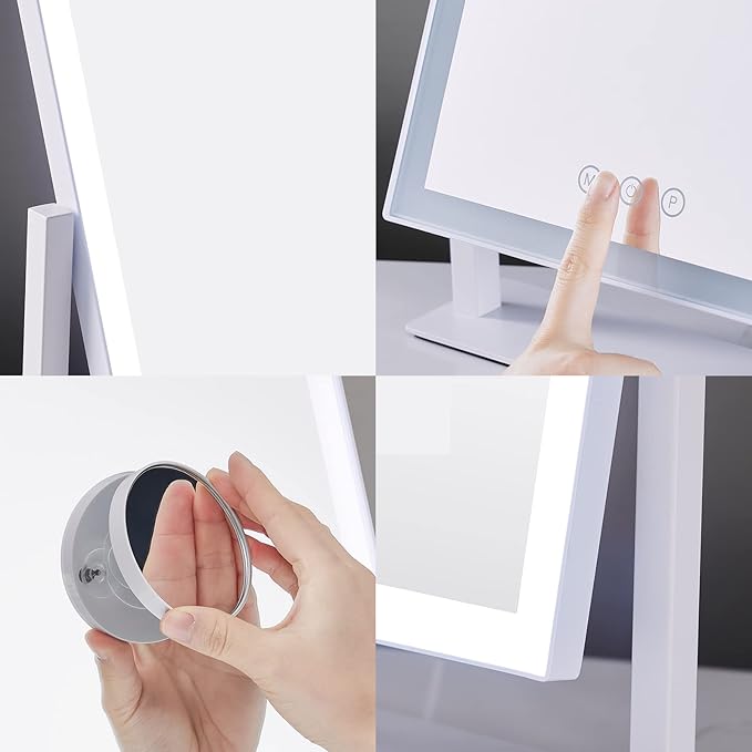 HIEEY Lighted Makeup Mirror, Hollywood Vanity Mirror with Lights, Three Color Lighting Modes, with 4in 20X Magnification Mirror, Smart Touch Control, 360°Rotation (17.4in,White,Gift Box)