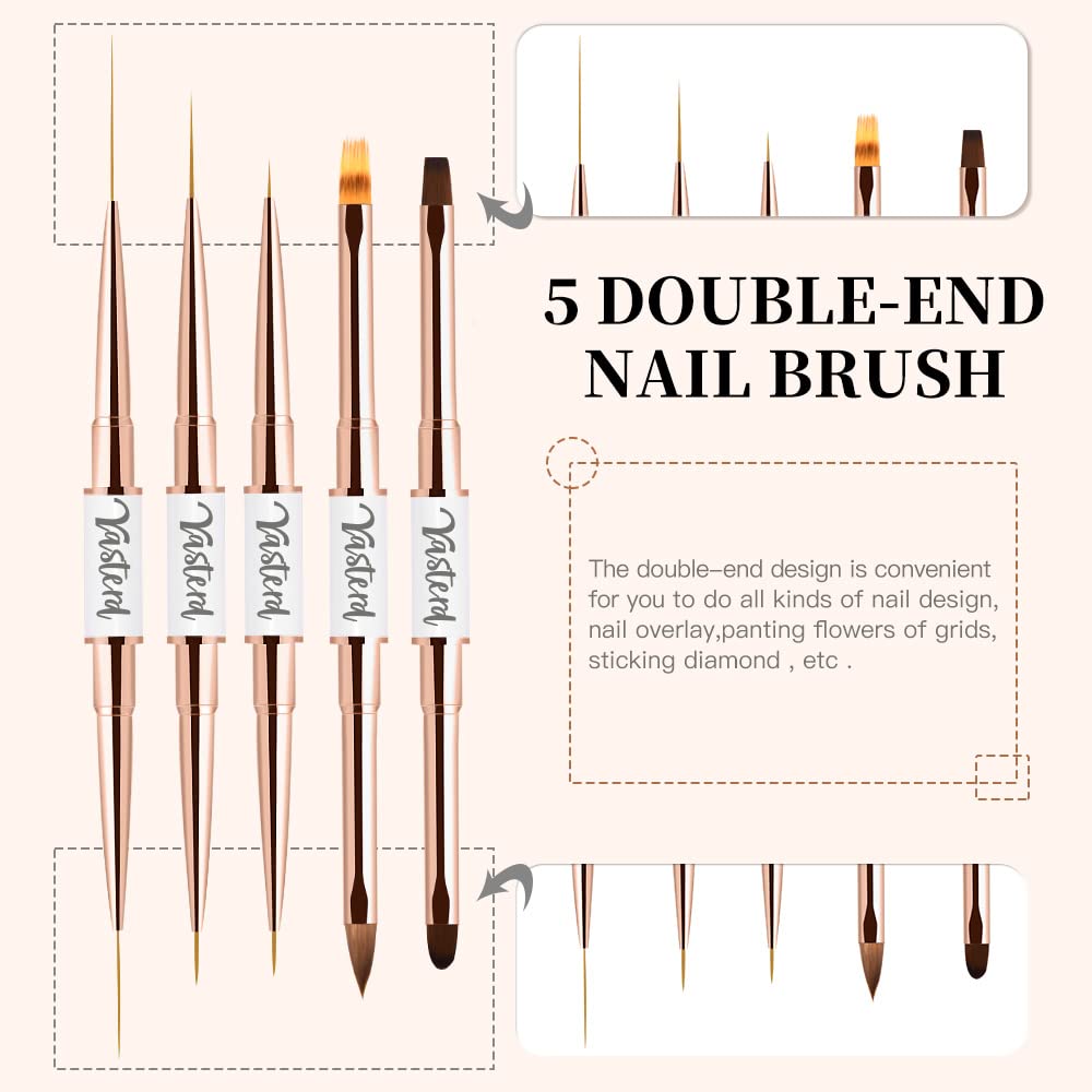 Yasterd Nail Art Brushes Set - Professional 5pcs Double-Ended Acrylic Nail Art Brushes Liner Detail Thin Brushes for Drawing Design Brushes Gel Builder Brushes 3D Nail Art Tools for Salon at Home DIY Manicure