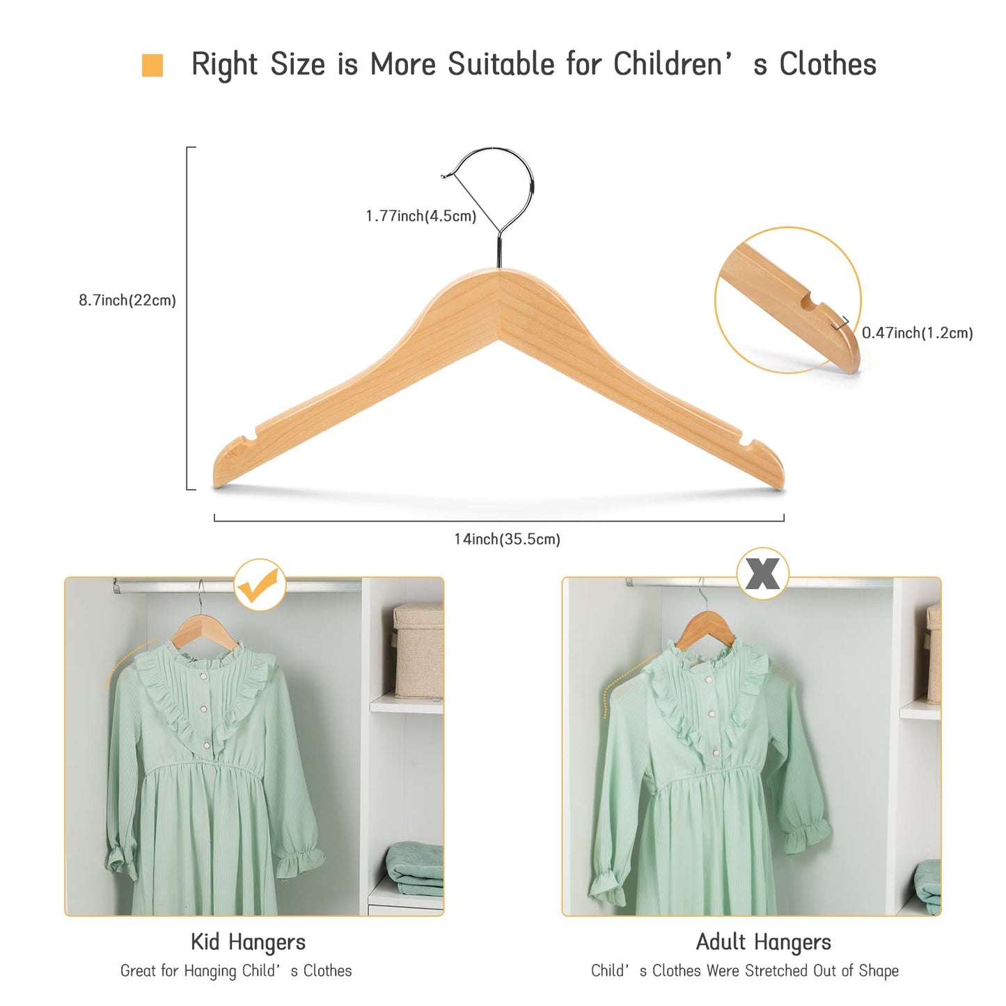 Nature Smile Juniors Preteen Older Children Wooden Coat Hangers 14 Inches Wood Dress Shirt Jacket Hangers with Anti-Rust Hook (20 Pack Natural)