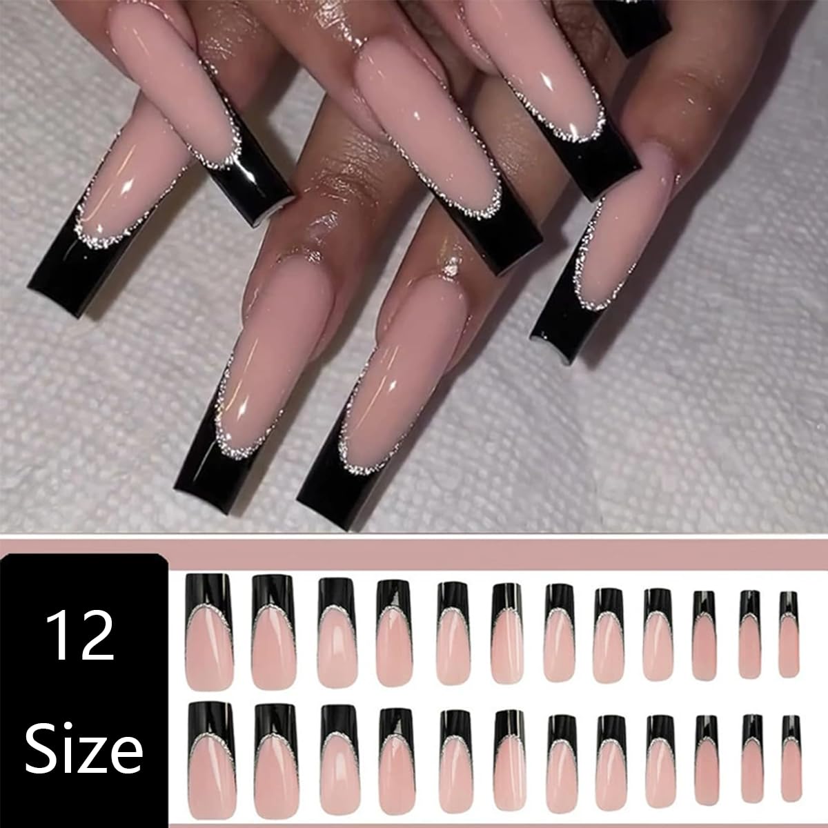 120 Pcs French Tip Press on Nails Long Square Fake Nails Black Tip False Nails with Designs Silver Glitter Line Glossy Glue on Nail Reusable Full Cover Acrylic Nails Stick on Nail for Women Manicure