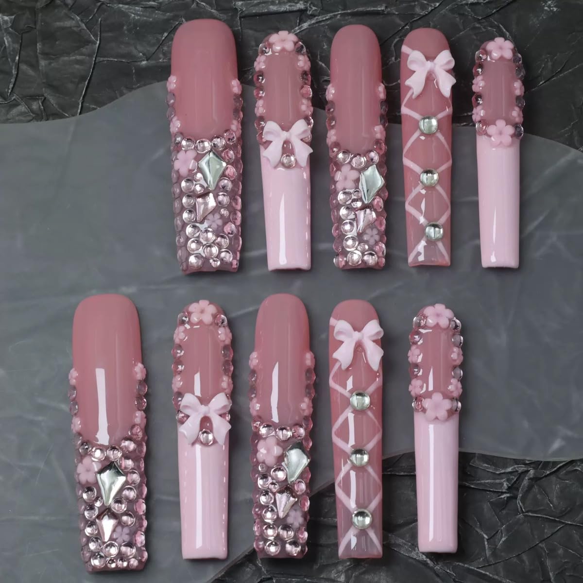 Haozerart Handmade XXL Extra Long Square Press On Nails, Pink French Tip with Bow & Luxury Rhinestones, Salon Fake Nail Kit 10Pcs M Size for Women
