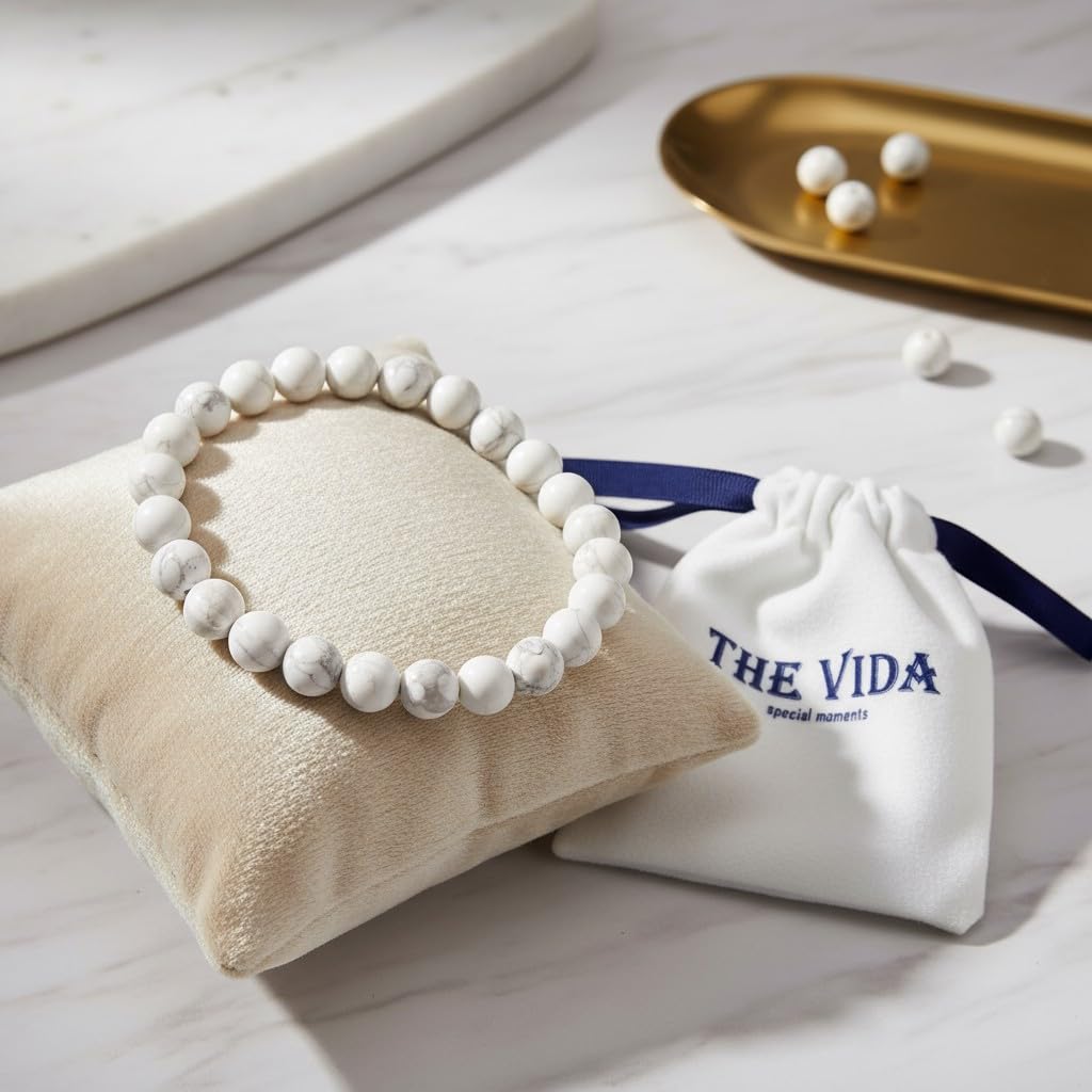 The Vida Handmade AAA+ Quality Crystal Stretch Elastic Bracelet - Nature Gemstone - Jewelry Gift - Holiday Gift - For Women & Men (Howlite)