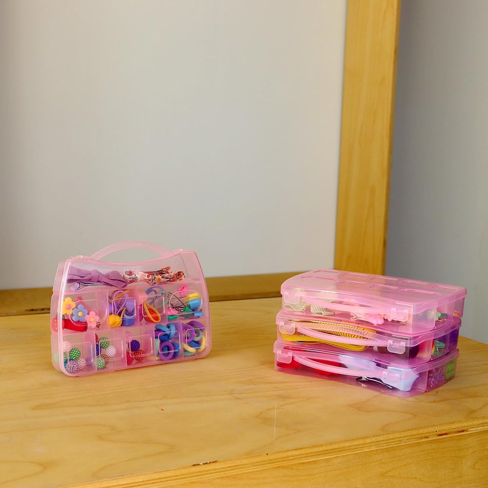 BangQiao 4 Pack Fixed 10 Grids Small Clear Pink Plastic Storage Case with Handle, Mini Cute Organizer Box for Gift Giving, Birthday, Event, Party, Jewelry, Ornaments, Craft Supplies, DIY Accessories