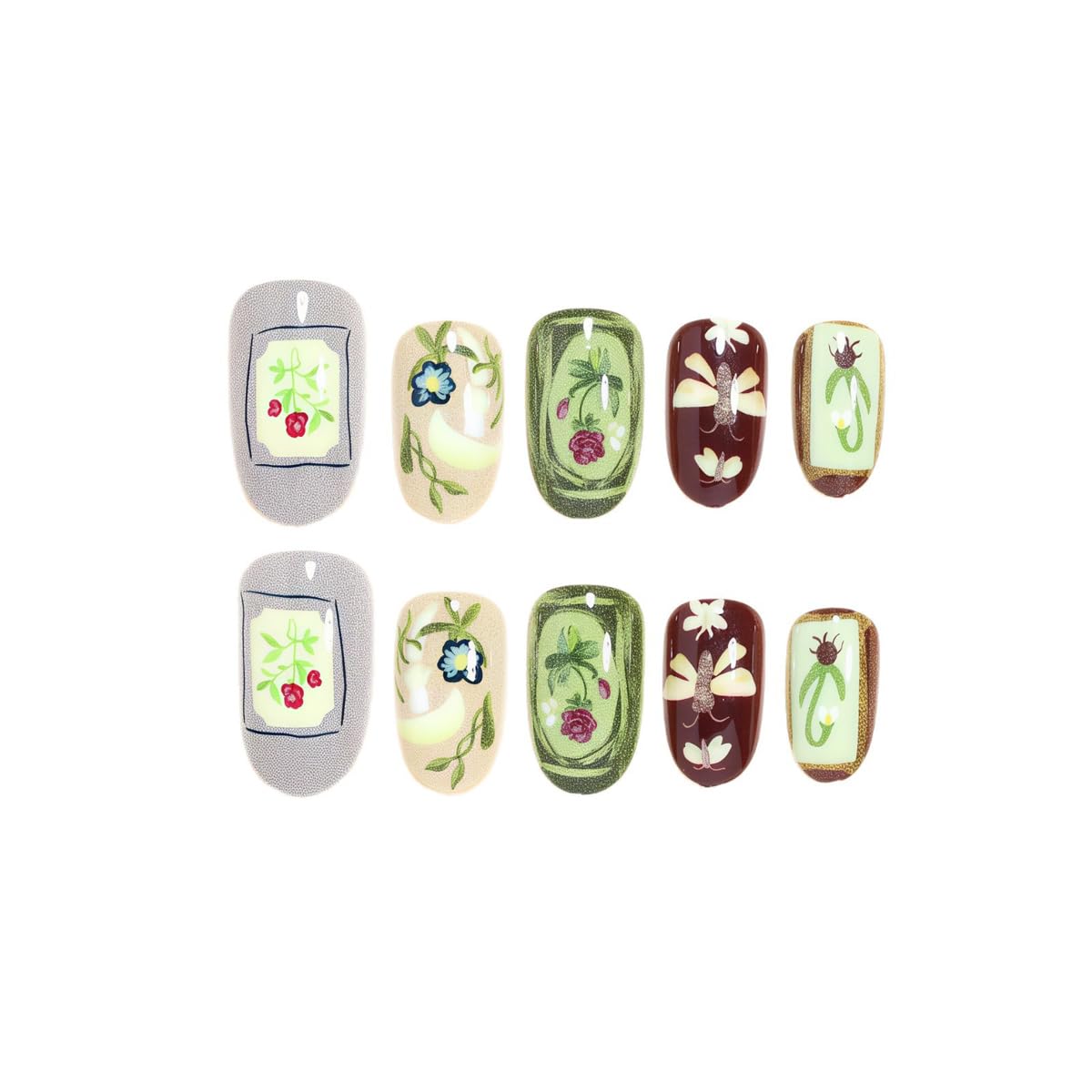 Short Oval Press on Nails - Dragonfly, Flower & Botanical Oil Painting Design, Full Cover Glossy Fake Nails 24PCS for Women Manicure