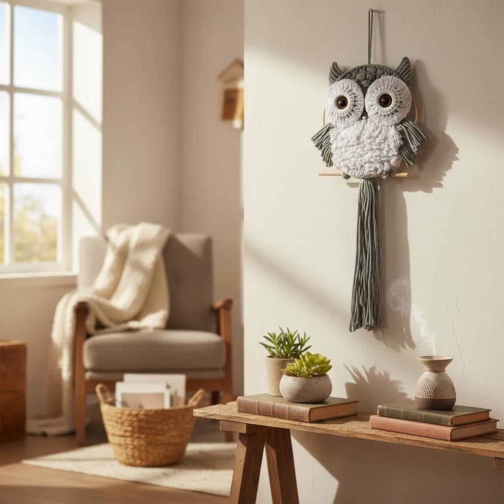ACEDSGN Macrame Owl Wall Hanging Boho Hippy Decor, Handmade Tapestry Fiber Art Wall Decor for Nursery Bedroom Living Room, Sustainable Gift for Owl Lovers & Nature Fans
