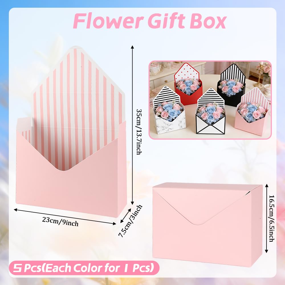 5 Pcs Flower Envelope Box, Florist Bouquet Envelope Boxes Folding Mother's Day Envelope Flower Boxes Paper Flower Bouquet Boxes for Arrangements Wedding Birthday Graduation Florists Supplies, 5 Styles