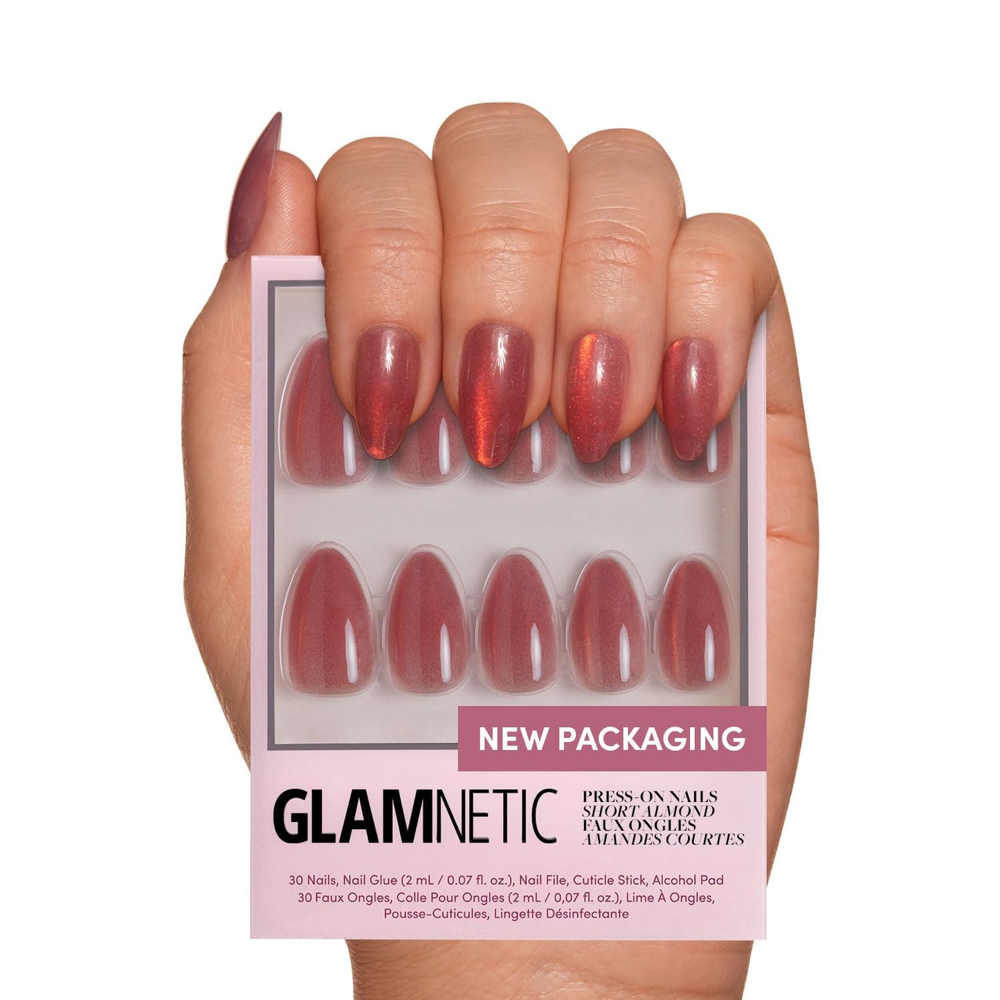 Glamnetic Press-On Nails Bundle - Rosé, Honey Bun & Lilac Gray | Rosy-Pink Nails with a Metallic Finish | Neutral Sparkly Short Almond Fake Nails, Velvet | Light Lilac Gray Short Squoval False Nails