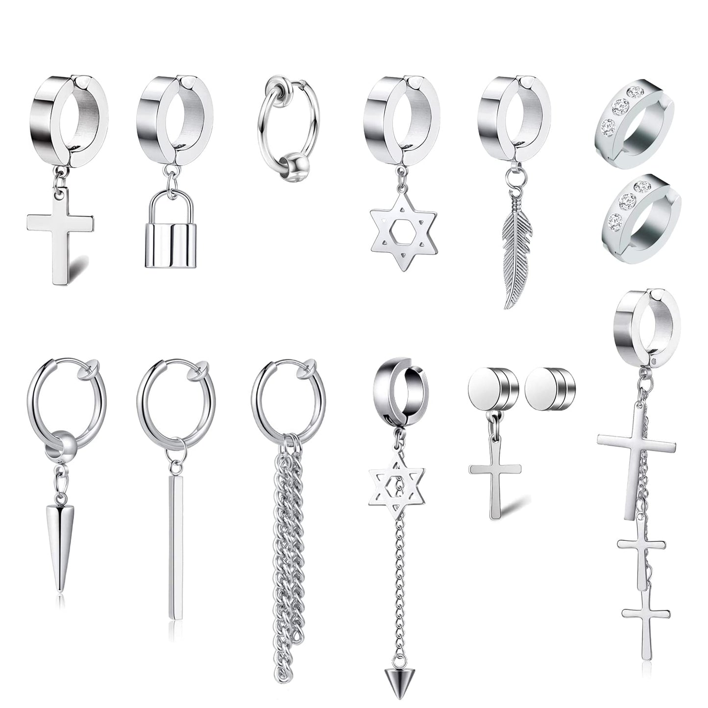 14 Pcs Silver Goth Stainless Steel Non Pierced Fake Piercing Cross Feather Spike Awl Star of David Dangle Tassel Clip on Hoop Earrings Set Jewelry for Unisex