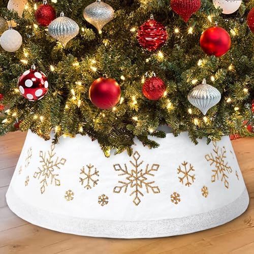 Christmas White Tree Collar Ring, 30'' Plush Gold Snowflake Sequin Tree Skirt, Christmas Artificial Tree Base Stand Cover, Xmas Tree Decorations Ornaments for Home Party Holiday