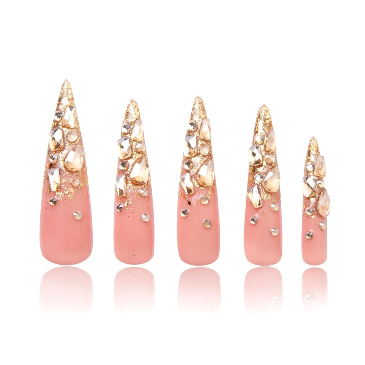 LOVFUL Reusable Press on Nails | Stardust Gold Rhinestone | Salon Quality Sustainable Style Handmade with Full Covered Crystals | Stiletto Long 2.2 in | H84-L