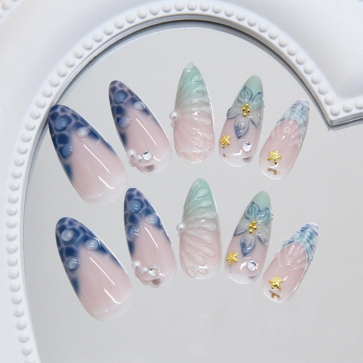 Summer Blue Press on Nails Long Almond Fake Nails French Nails Press ons with Flower,Seashell Design Reusable Artificial Nails Full Cover Stick on Nails for Women Manicure 24Pcs
