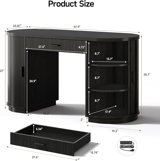 ONBRILL 58" Fluted Executive Desk with Storage, Home Office Desk with Drawers, Wood Computer Writing Desks with Charging Station for Study Living Room Bedroom Work Black